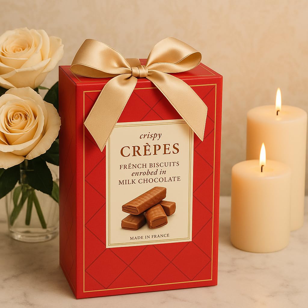 Crepes French Biscuit Gift Box Milk Chocolate Covered Crispy Crepe Cookies | Gourmet European Chocolate Biscuits Cookies In Elegant Packaging | Holiday Treat Christmas Gift