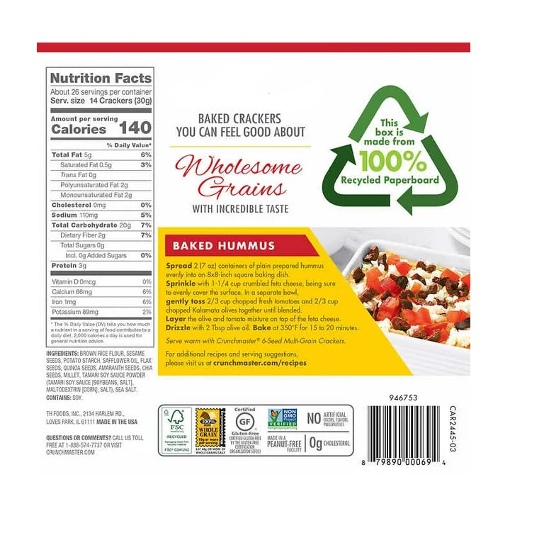Multi-Grain Baked Crackers 6 Seed (Sesame, Amaranth, Flax, Chia, Quinoa & Millet) One Box Net WT. 2-14 Oz (397g)