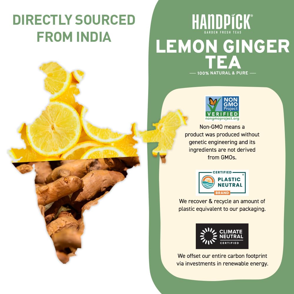 HANDPICK Lemon Ginger Tea Bags - Non-GMO, Caffeine Free, 100 Count, Eco-conscious Round Bags