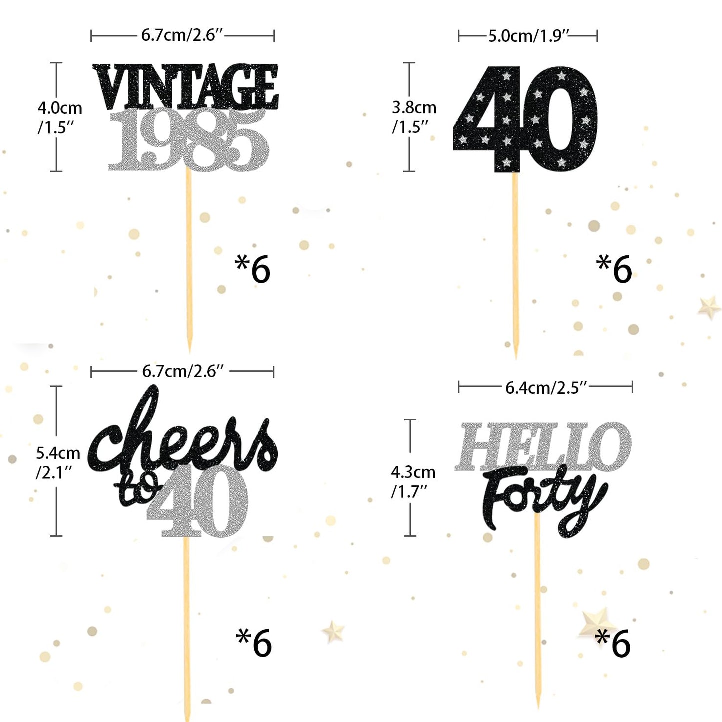 24 Pcs Glitter 40Th Birthday Cupcake Toppers For Celebrating Forty Years Old Birthday Party Decorations (Black&Silver)