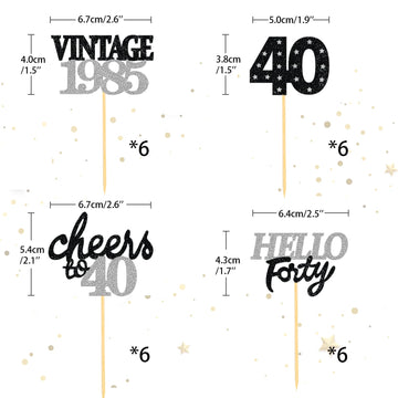 24 Pcs Glitter 40Th Birthday Cupcake Toppers For Celebrating Forty Years Old Birthday Party Decorations (Black&Silver)