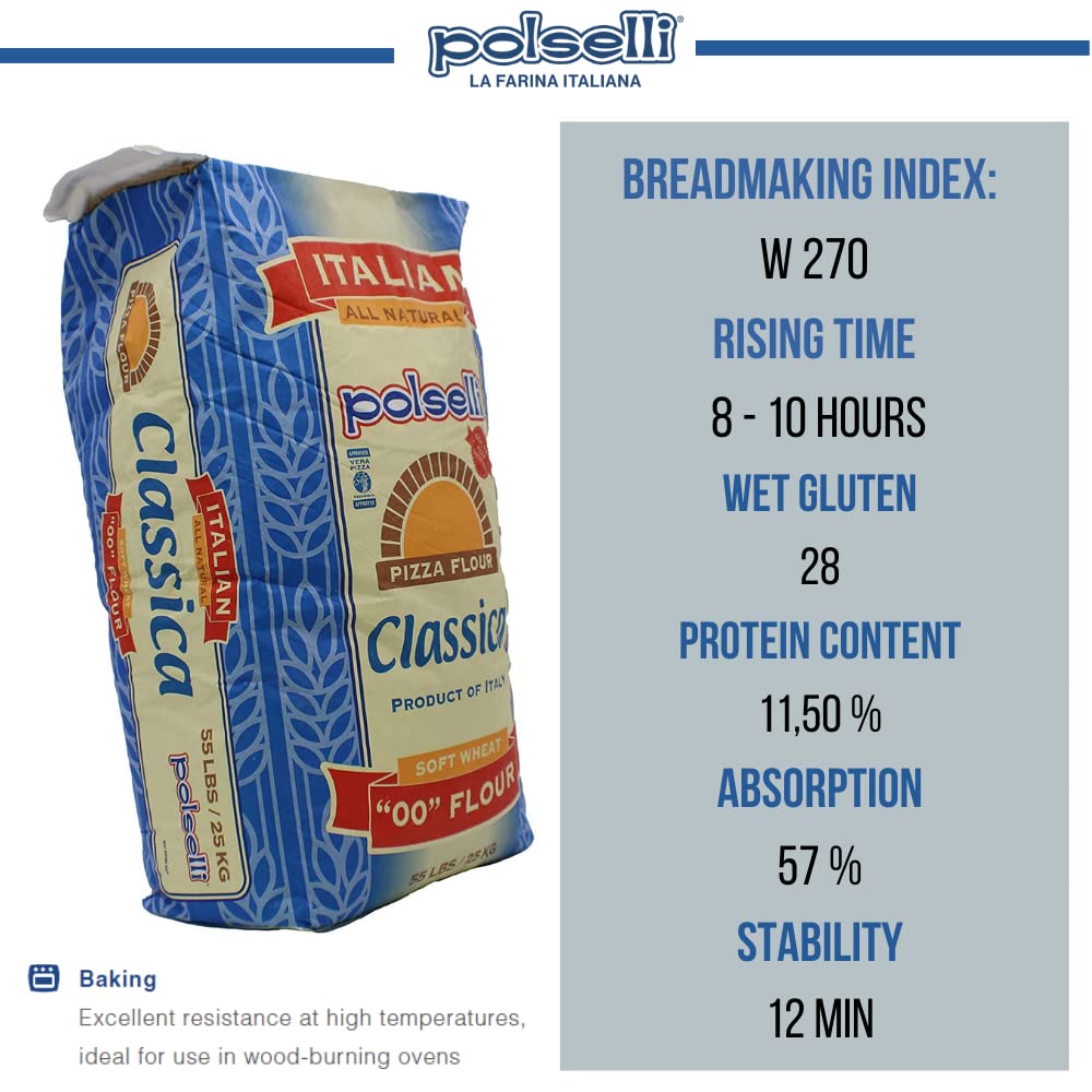 POLSELLI Classica Double Zero Flour for Pizza and Pasta, Unbleached, 55 lbs (25 kg)