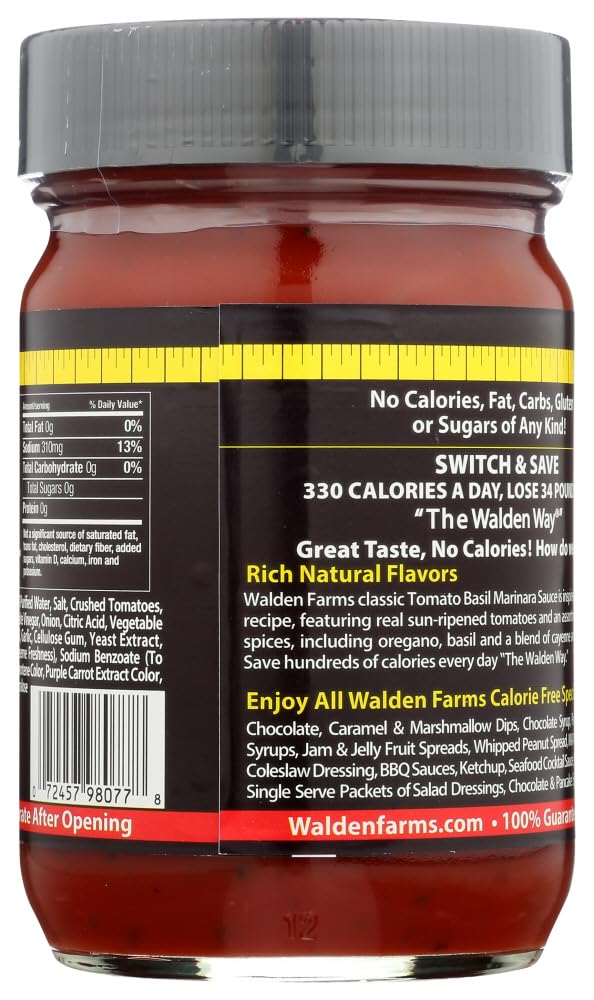 Walden Farms Tomato Basil Marinara Sauce 12 Oz. Jar (Pack Of 6) - Sweet And Smooth, Fresh Herbs And Spices, Vegan, Kosher And Ke