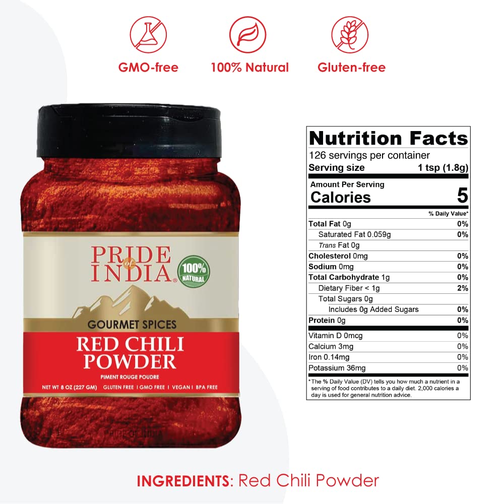 Pride Of India Red Chili Ground Spice - Pack of 6, 8oz Dual Sifter Jar, GMO/Gluten Free, Ideal for Gourmet & Savory Dishes