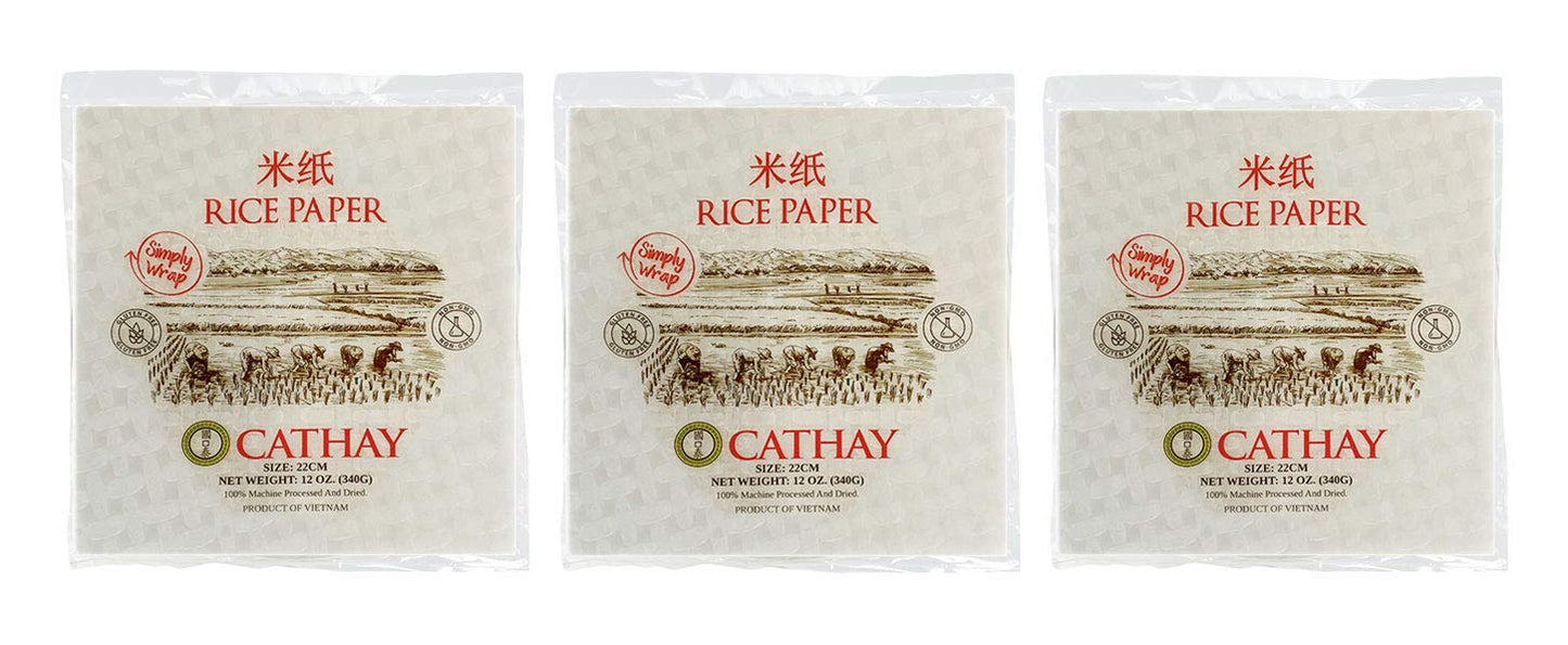 Cathay Fresh Spring Roll Rice Paper Wrappers, Non-GMO, Low Carb, Square, 22cm, 30 Sheets, White