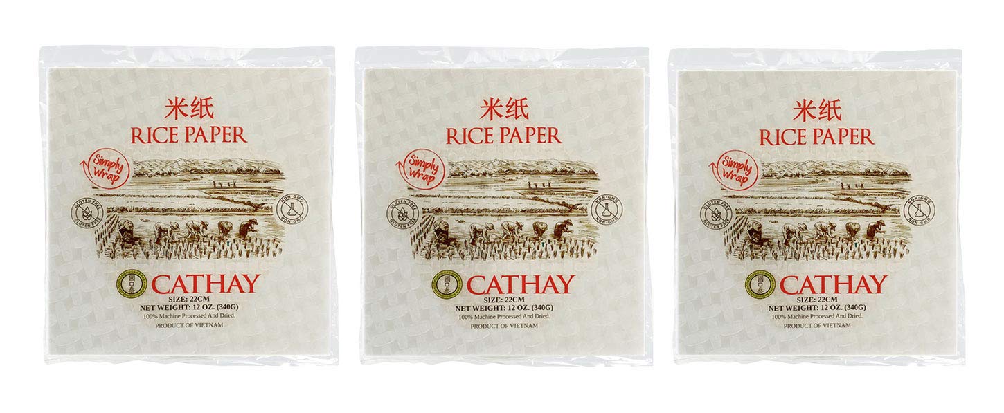 Cathay Fresh Spring Roll Rice Paper Wrappers, Non-GMO, Low Carb, Square, 22cm, 30 Sheets, White