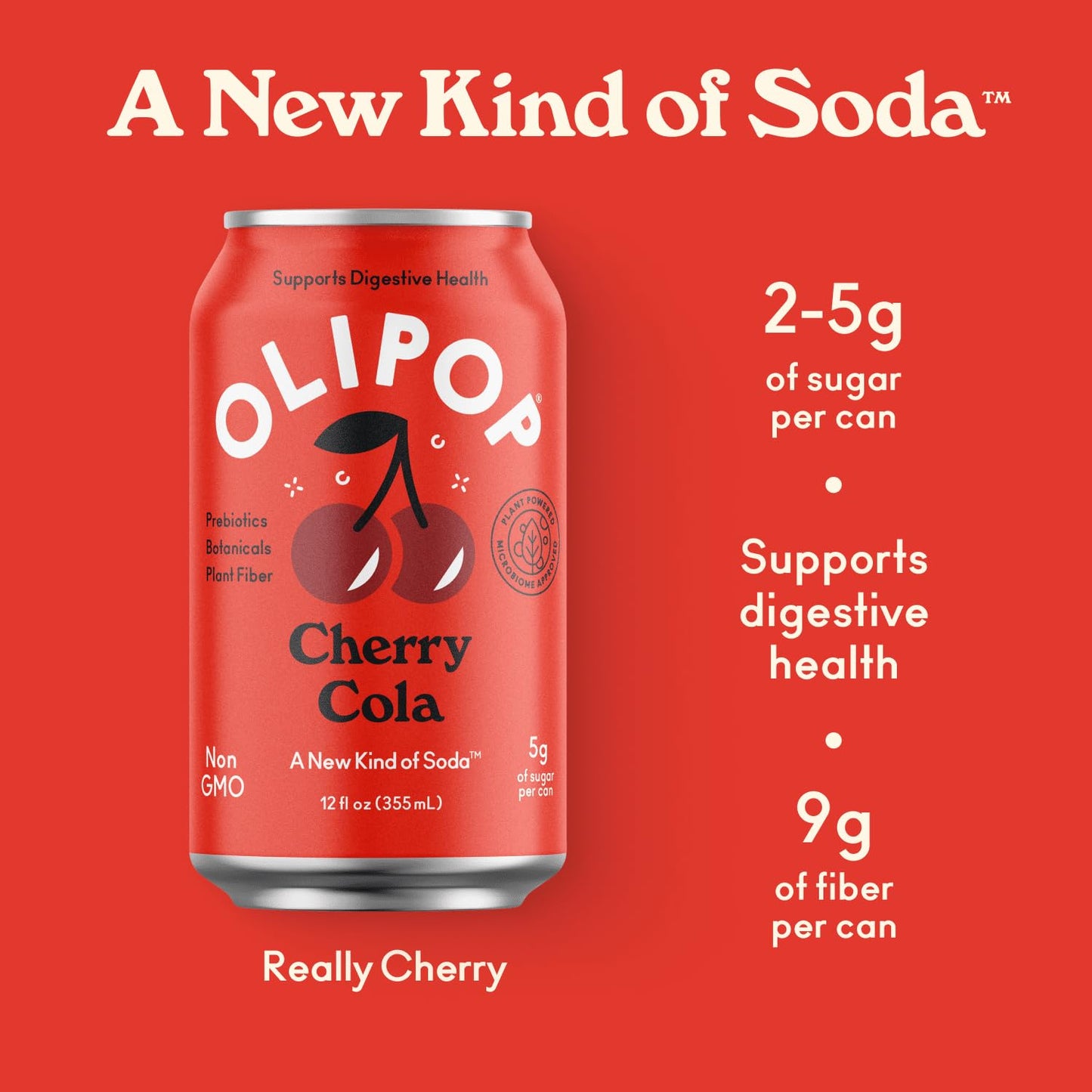 OLIPOP Prebiotic Soda Pop, Cherry Cola, Prebiotics, Botanicals, Plant Fiber, 12 fl oz can