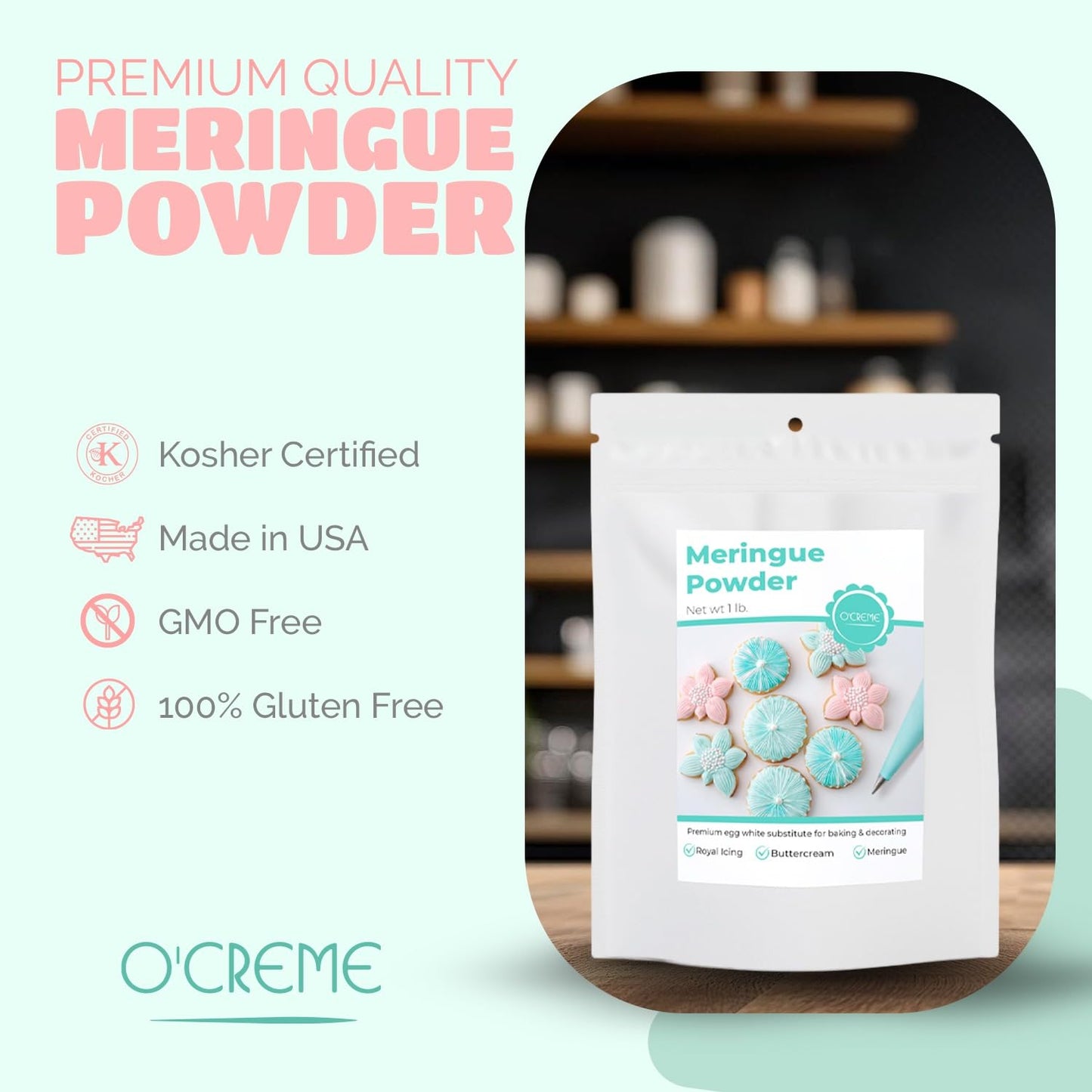 OCREME Meringue Powder for Cake Decorating – Egg White Substitute, 1LB Bag, Gluten-Free, Ideal for Royal Icing & Buttercream