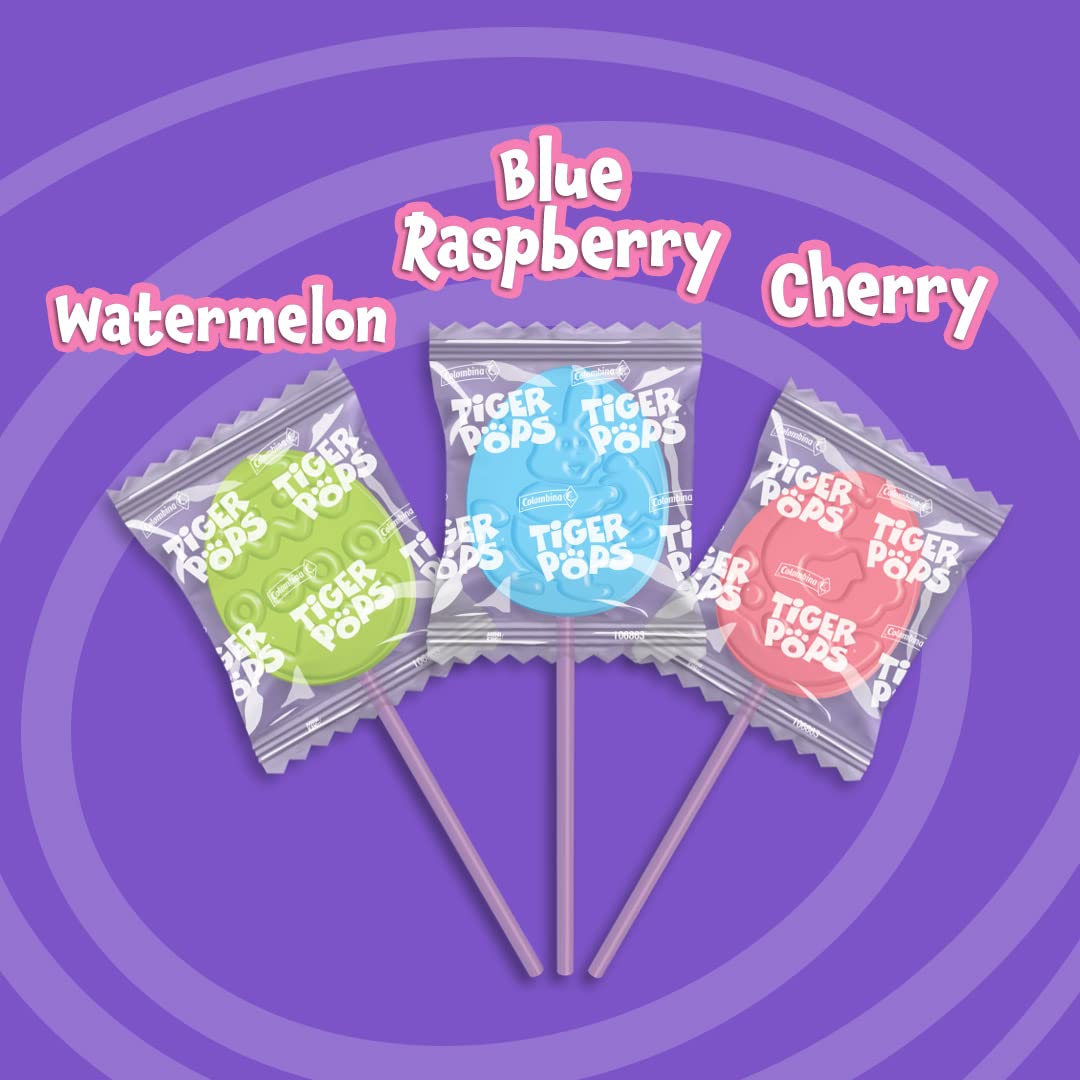 Colombina Tiger Easter Pops, Cherry, Blue Raspberry, And Watermelon Flavored, Individually Wrapped, Ideal For Easter Baskets Or