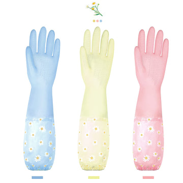 Kaq Dishwashing Cleaning Gloves 3 Pairs-Reusable Rubber Gloves Non-Slip Laundry Kitchen Gardening Household Gloves(Long Cuff)