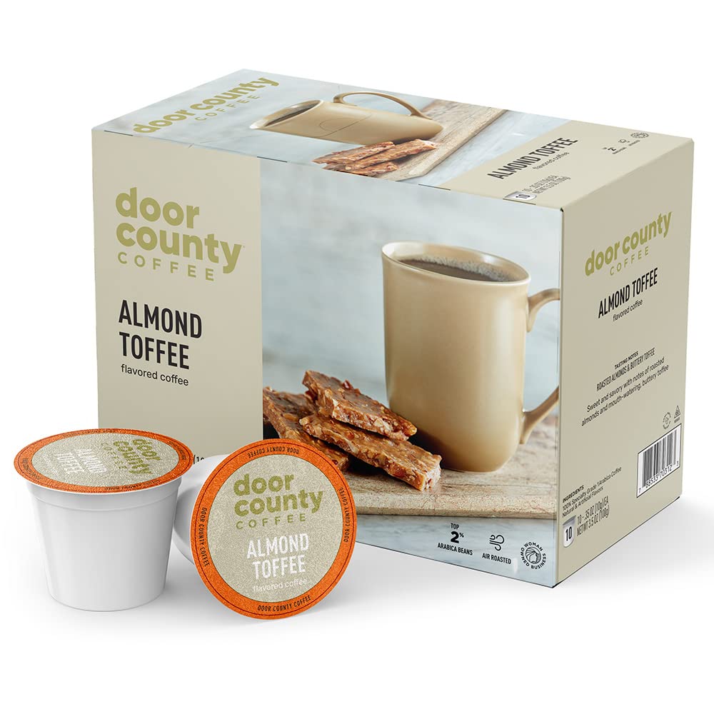 Door County Coffee Almond Toffee Flavored Ground | 10 Count Single Serve Cups | Medium Roast | 100% Specialty Arabica | Gourmet 
