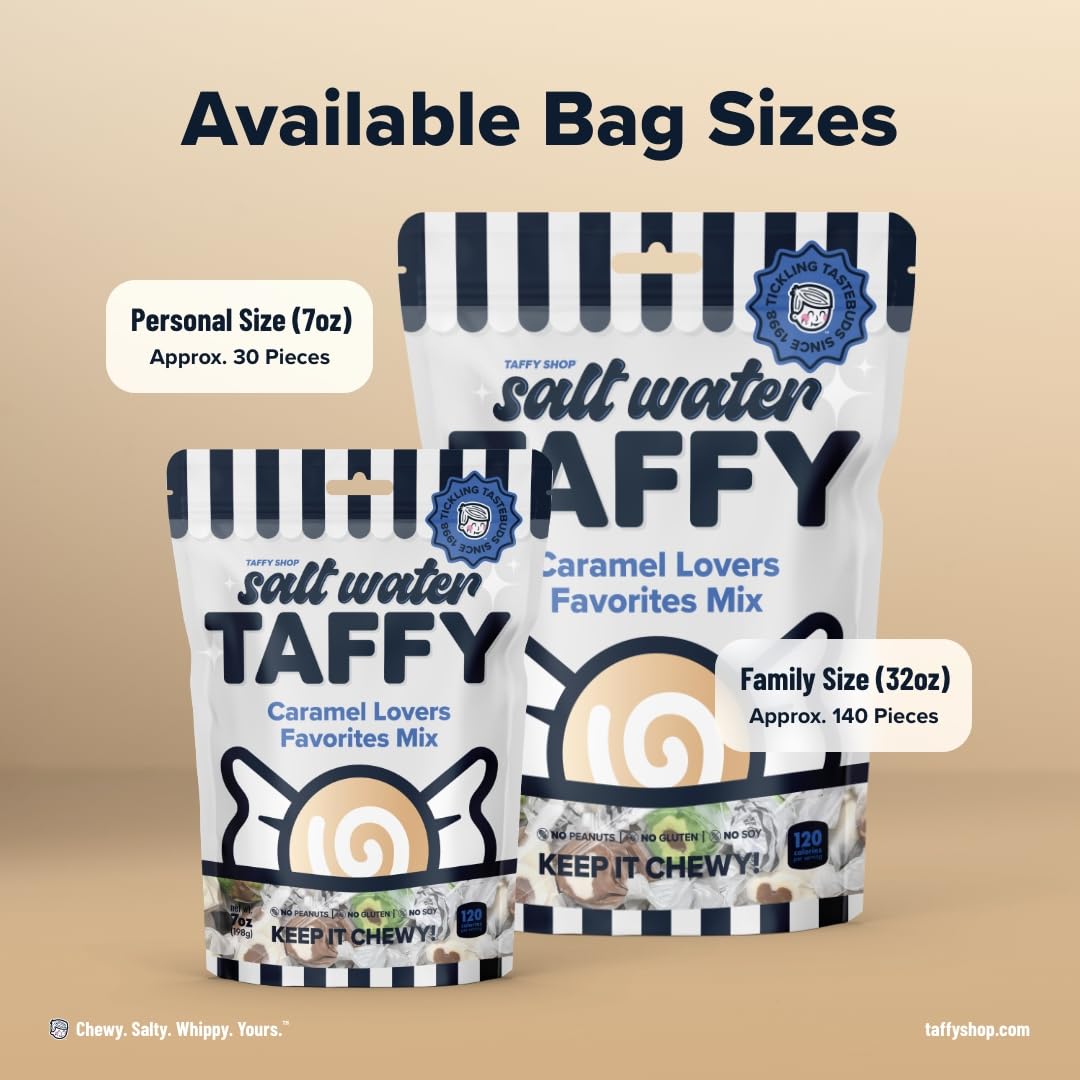 Taffy Shop, Caramel Lovers Favorites, Salt Water Taffy – Assorted Gourmet Soft Chewy Candy, Variety Pack, Bulk Sweet Snack, Fresh Gift & Gluten-Free, 140 Individually Wrapped Pieces (32Oz)