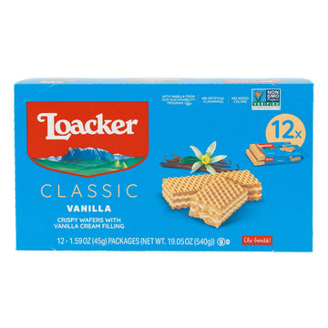 Loacker Classic Vanilla Wafers - Premium Crispy Vanilla Wafer Cookies With Vanilla Cream Filling - Multipack Of 12 Snack Packs - Non-Gmo - Sustainably Sourced Vanilla - 45G/1.59Oz, Pack Of 12