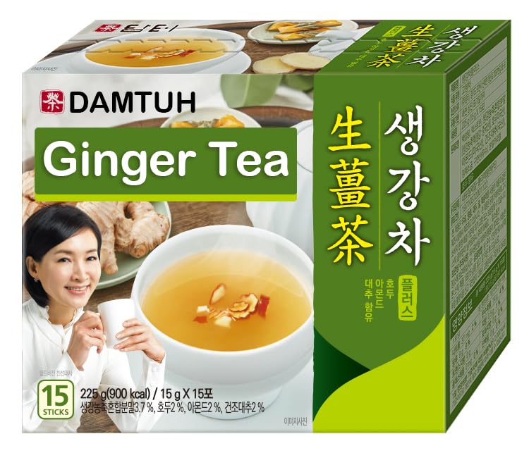 Damtuh Korean Traditional Tea Premium Ginger Tea Plus, Ginger Powder Tea, Herbal Tea, 15 Sticks