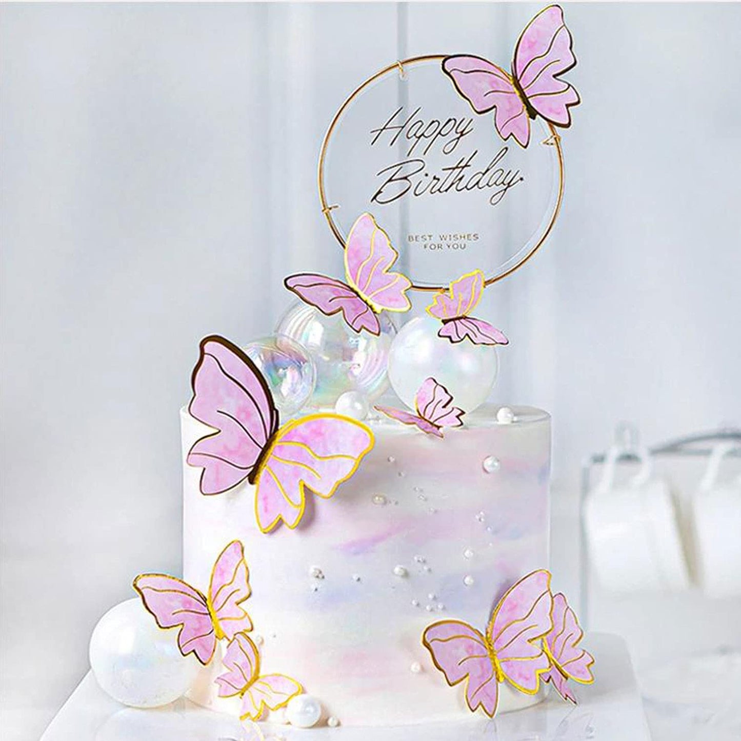 22Pcs Pink Butterfly Cupcake Toppers And 1Pcs Gold Metal Acrylic Panel Cake Toppers Cake Decorations For Girls Women Happy Birth
