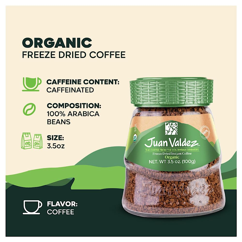 Juan Valdez Organic Freeze Dried Coffee, Classic Flavor, 3.5 OZ, 100% Colombian, USDA Organic Certified, Pack of 1