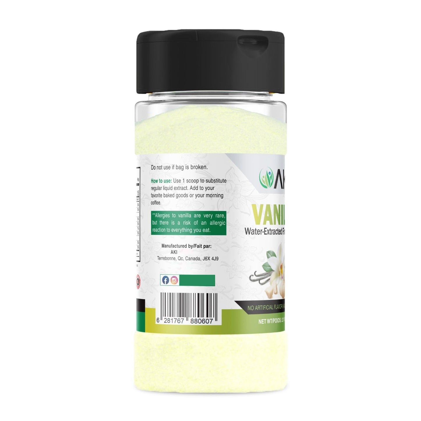 Aki Vanilla Water Extracted Powder From Authentic Beans For Flavoring, Cooking, Baking & Smoothies - Sugar Free &   Free - Added 2% Monk Fruit Sweetener - Non-Gmo & Vegan (2.11Oz/60G)