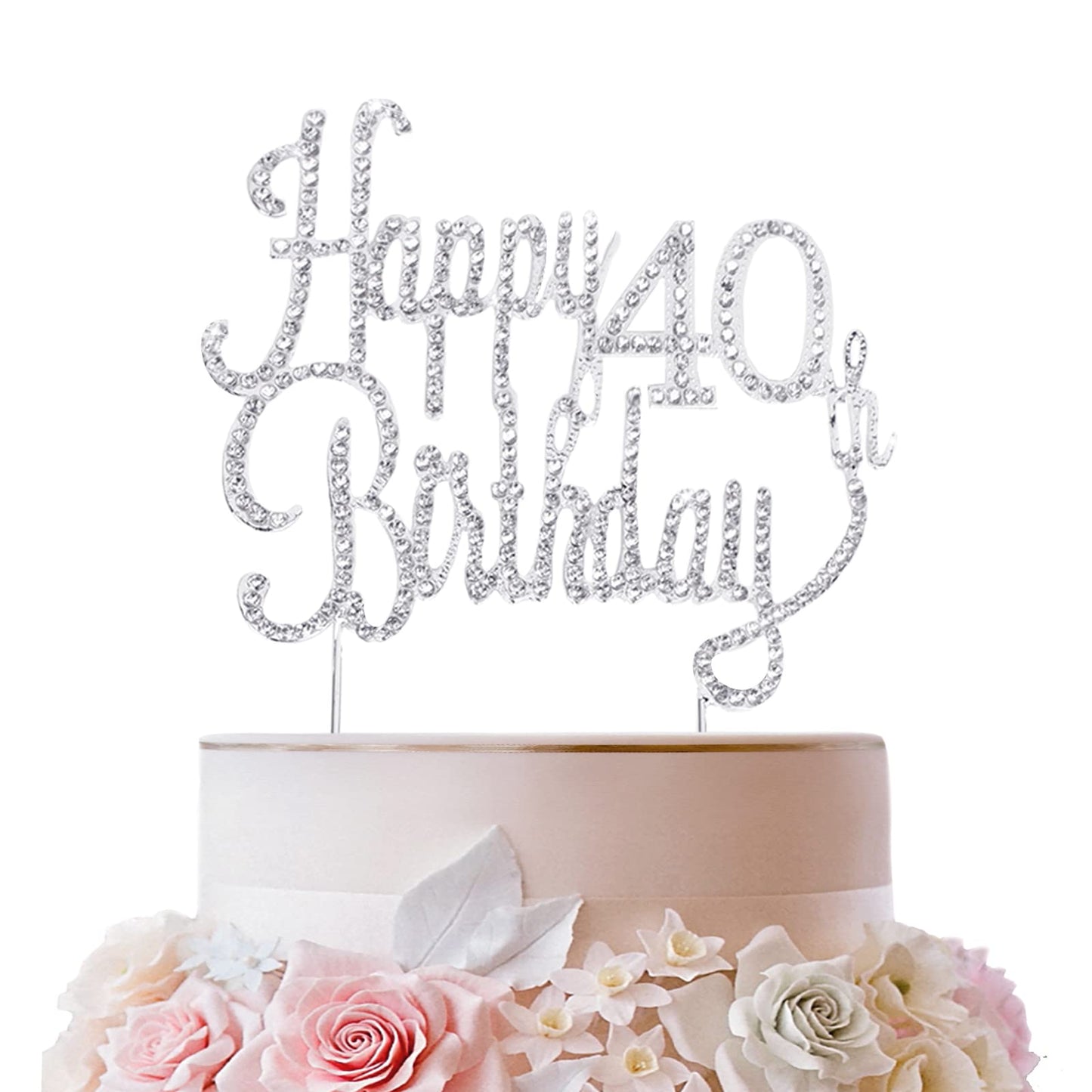 LINGTEER Rhinestone Cake Topper for 40th Birthday, Sparkly Silver Decoration, Cheers to Forty Years