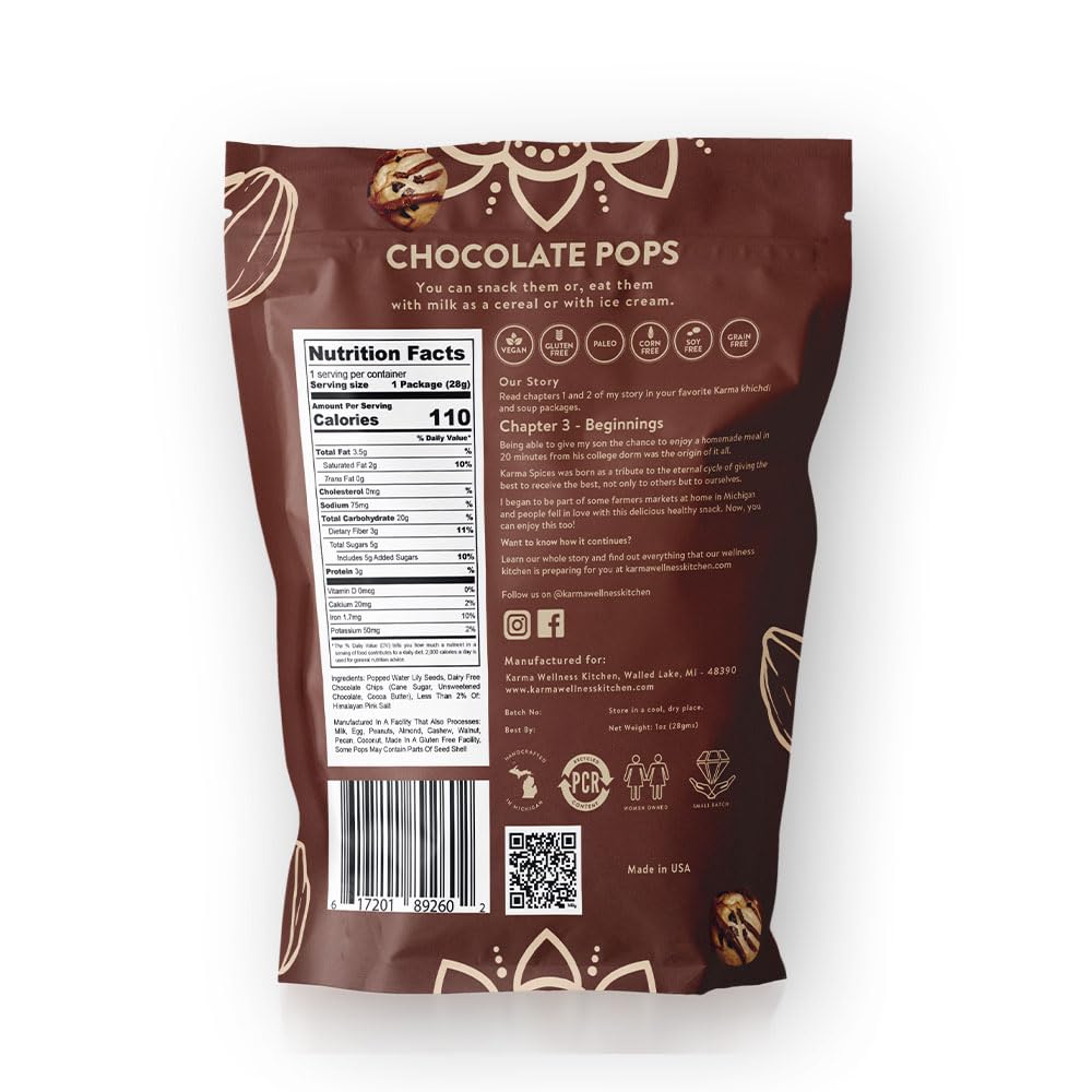 Karma Chocolate Popped Water Lily Seeds - 4g Protein, Gluten-Free, Vegan, Non-GMO - Rich Chocolate Flavor for Healthy Snacking O