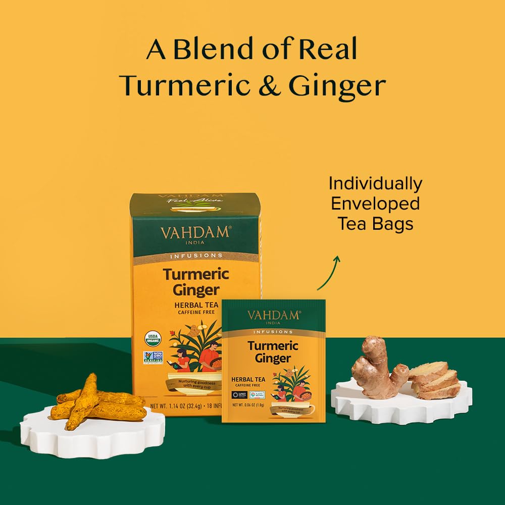 VAHDAM Organic Turmeric Ginger Herbal Tea Bags - Caffeine Free, Gluten Free, 18 Count, Eco-Friendly Individually Wrapped