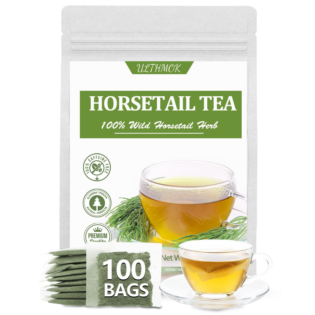 ULTHMOK Premium Horsetail Tea Bags, 100% Natural Herb, Caffeine Free, 100 Count