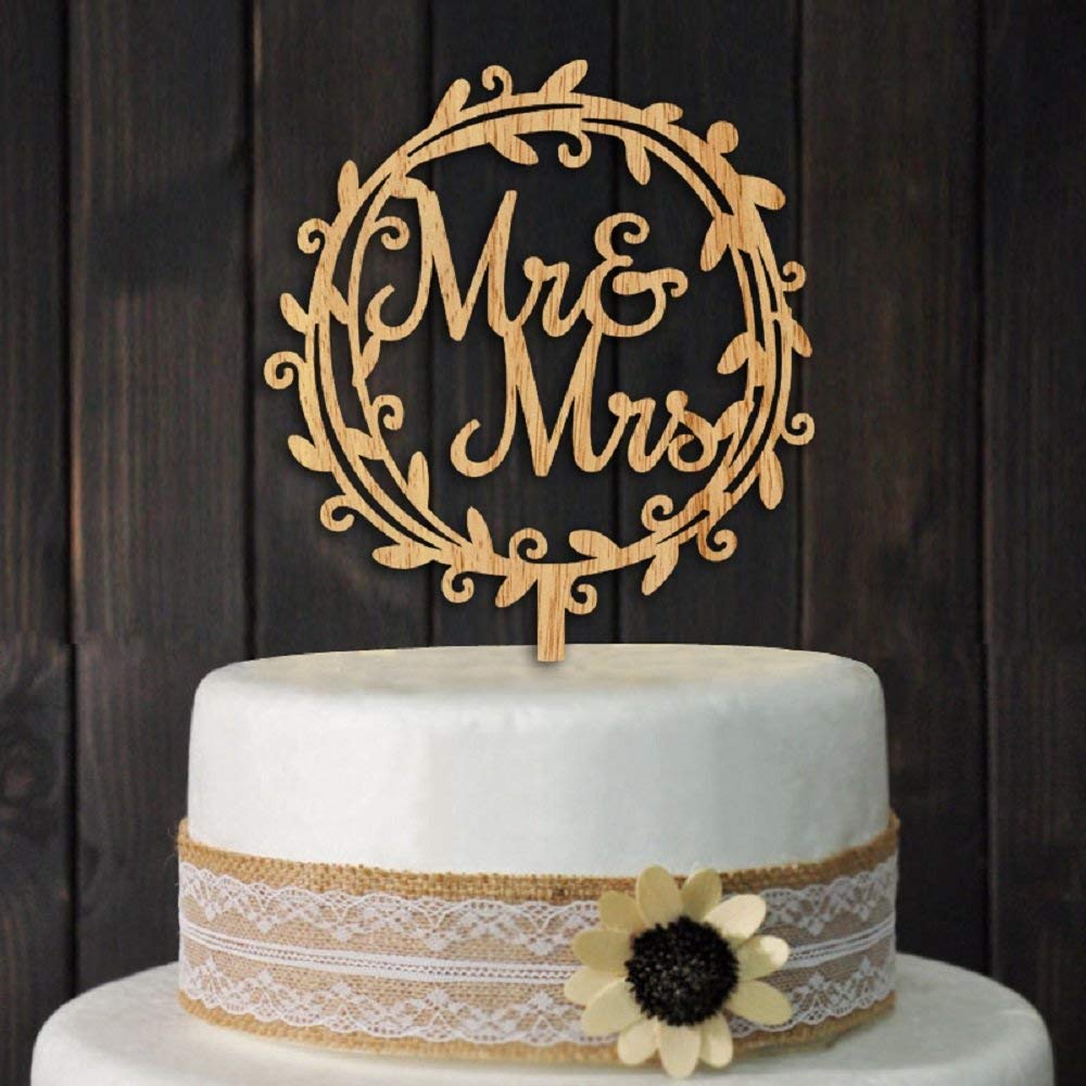 YAMI COCU Mr and Mrs Cake Toppers Rustic Wood Decoration, Brown, 1 Count
