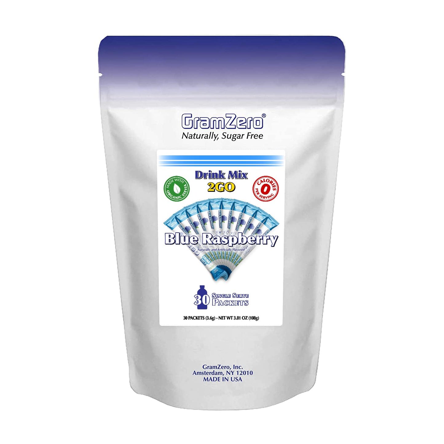 GramZero 2GO Sticks - Blue Raspberry, Zero Calorie Sugar Free Drink Mix, Stevia Sweetened, Great For Nutrition Club Loaded Tea T