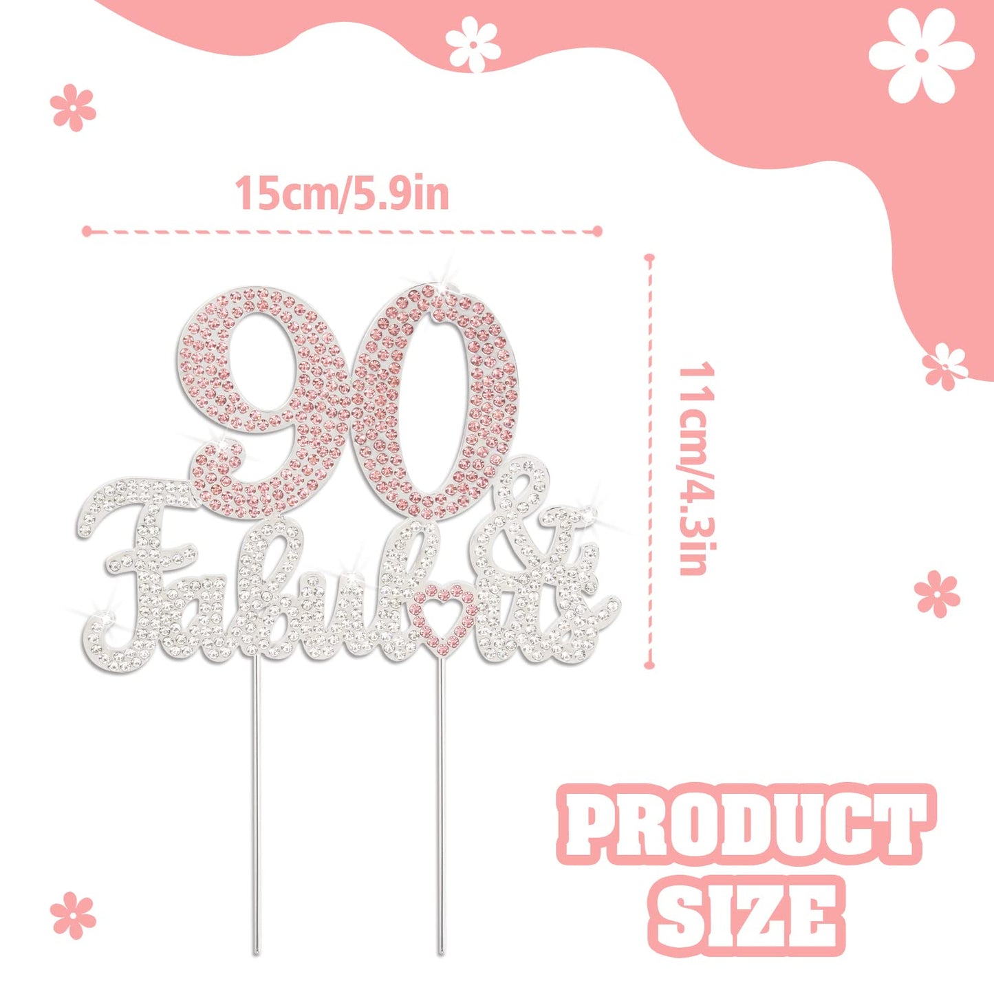 Laskyer 90 & Fabulous Silver Pink Rhinestone Cake Topper - Happy 90Th Birthday Cheers To Ninety Years Old Bday Party Metal Spark