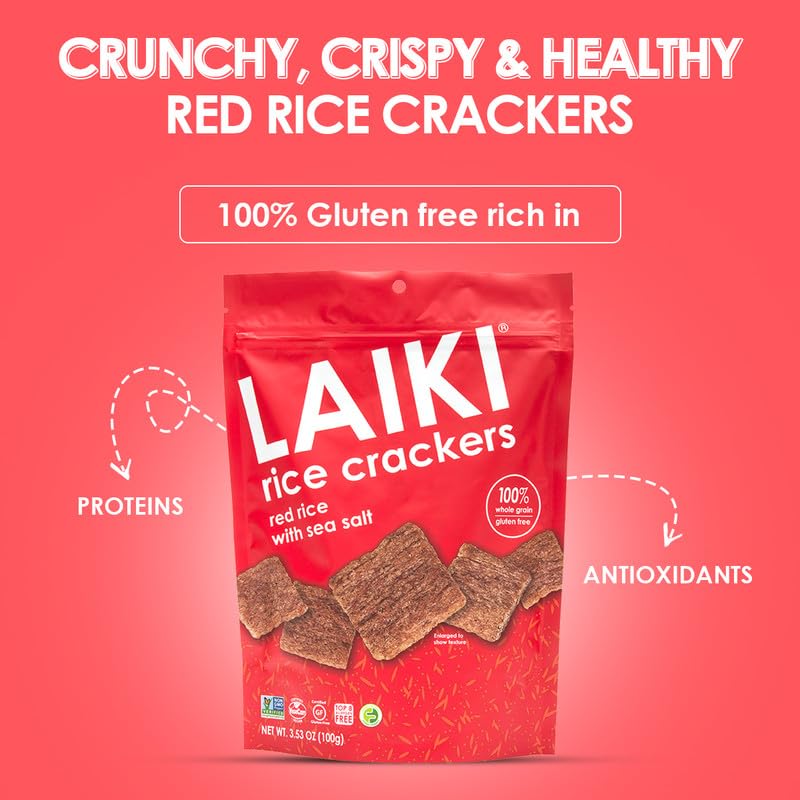 Laiki Gluten Free Rice Crackers, Red Rice, Resealable 3.53 Ounce Bag