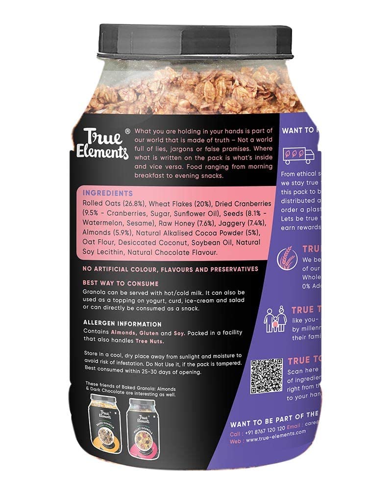 True Elements Crunchy Dark Chocolate Granola 900G - With 23% Berries, Seeds & Almonds | 100% Wholegrain Cereal | Granola For Bre