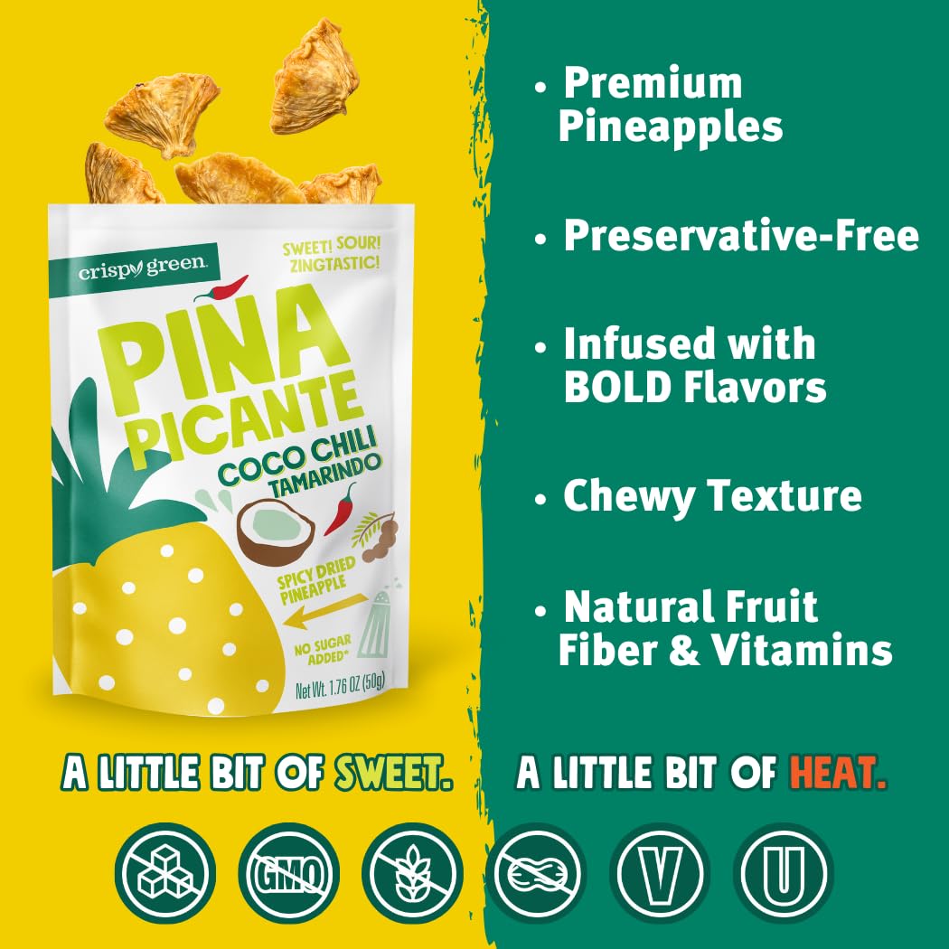 Crispy Green Pia Picante, Coco Chili Tamarindo Dried Pineapple, Healthy Real Fruit Snacks, 1.76 Ounce, 12 Single Serve Bags