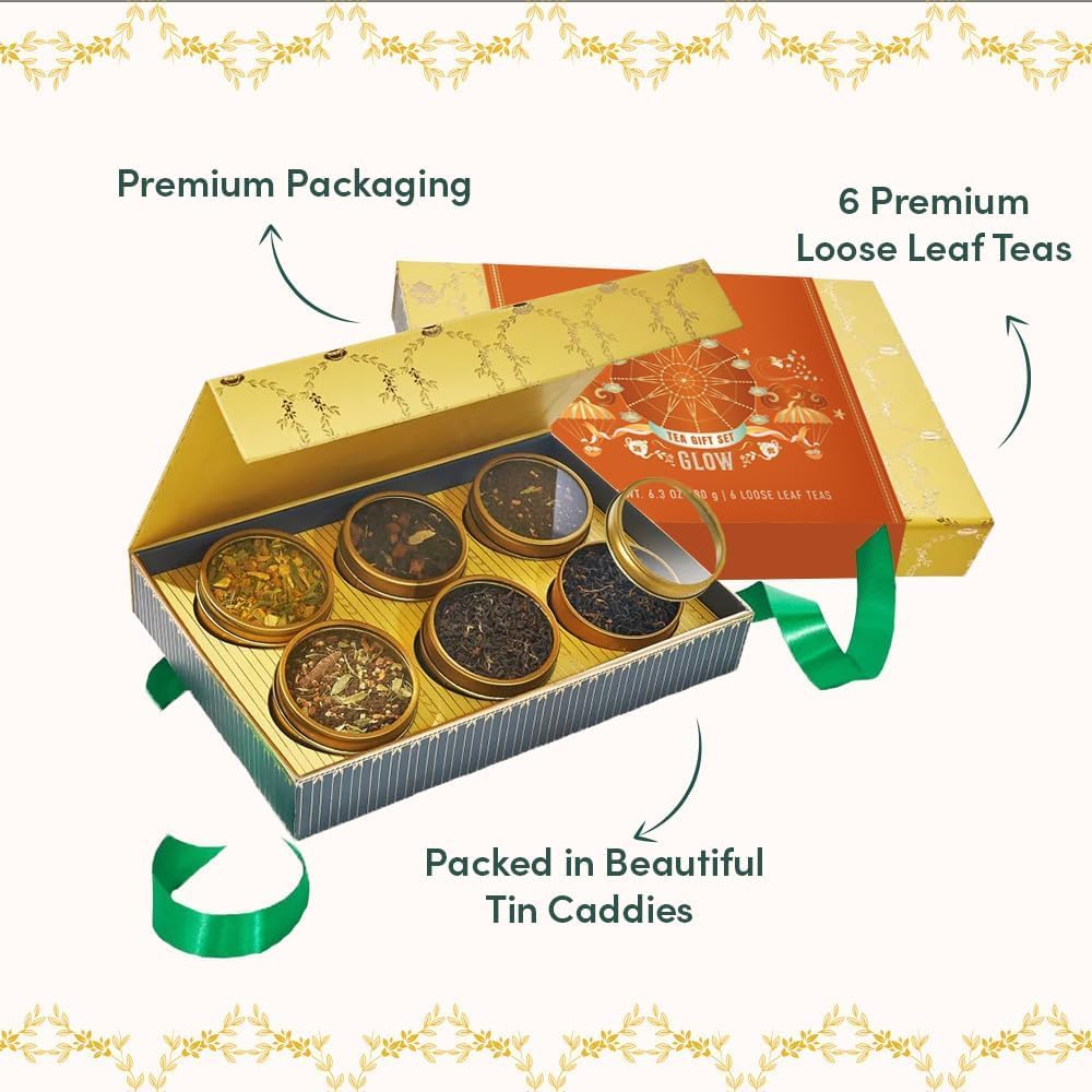 Vahdam, Glow - Assorted Tea Gift Set, 6 Teas In Luxury Gift Box | Premium Tea Gift Sets | Gluten Free & Non Gmo | Gifts For Women, Gifts For Men, Gifts For Men/Women