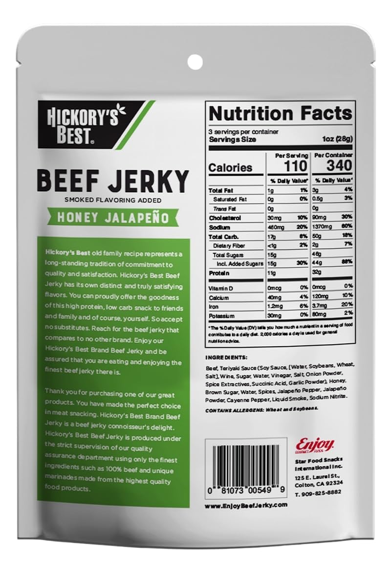 Hickory'S Best Honey Jalapeno Beef Jerky 3 Oz (Pack Of 1) | Soft & Tender| Usa Made | High Protein | Low Fat | Zero Trans Fat |