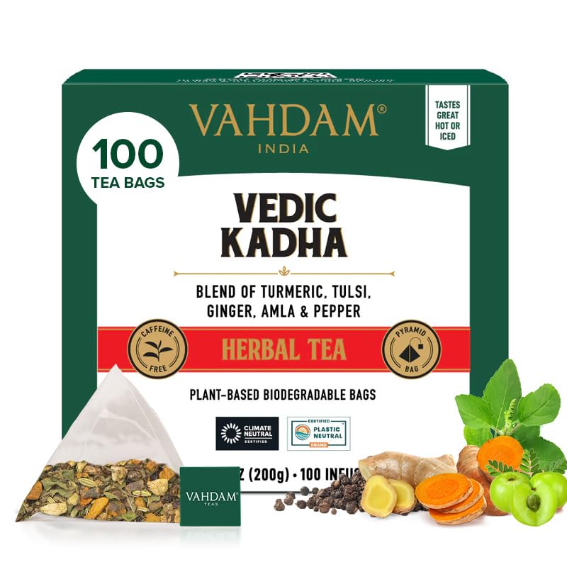 VAHDAM Vedic Kadha Herbal Tea - 100 Tea Bags with Turmeric, Black Pepper, Amla, Tulsi & Ginger - 100 Count
