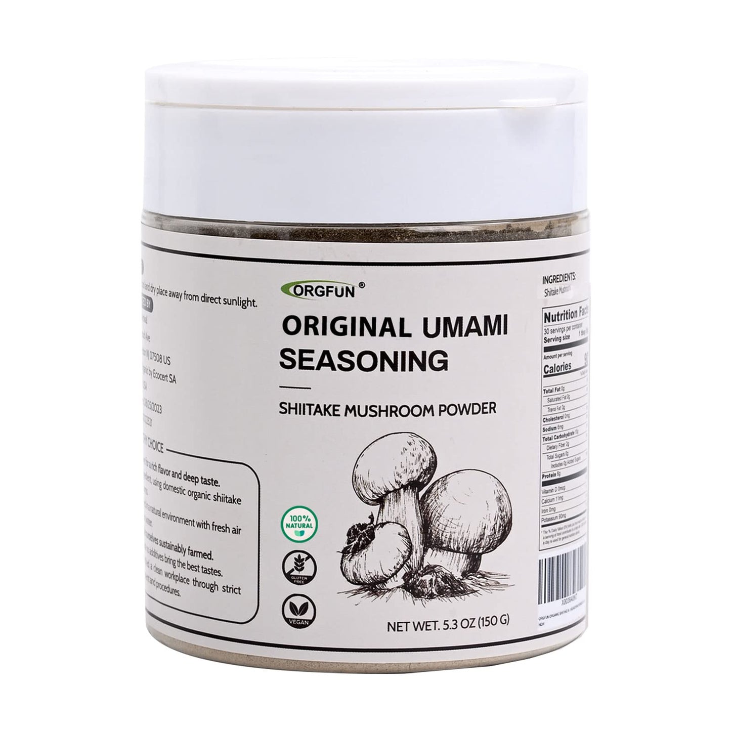 Orgfun Original Shiitake Mushrooms Powder, Natural Umami Seasoning, Mushroom Powder For Cooking, 5.3 Oz