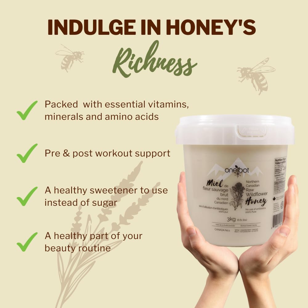 OneRoot 100% Canadian Flower Honey, Unfiltered & Creamed, 3kg/6.6lb