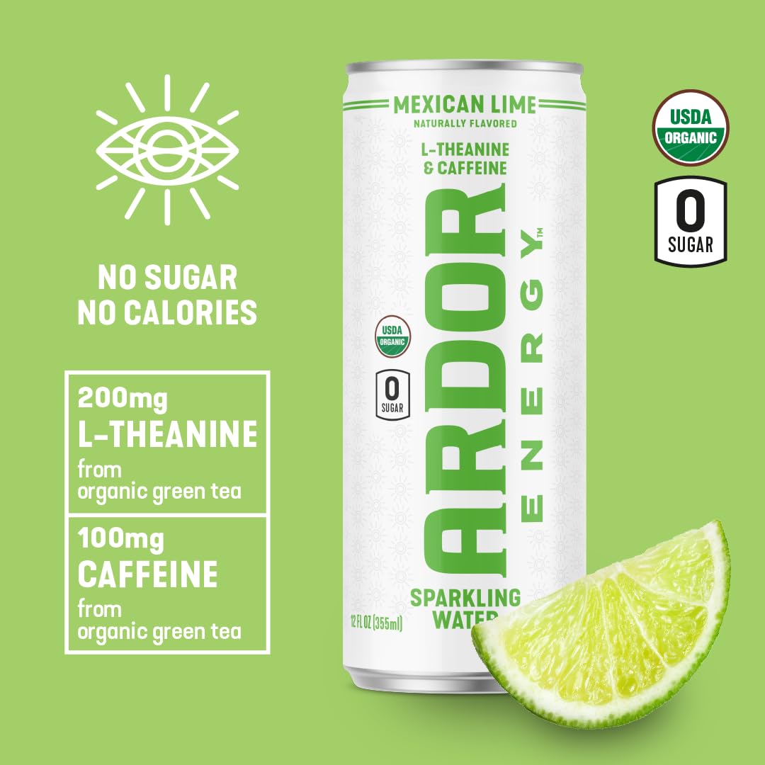 ARDOR ENERGY Sparkling Water, Mexican Lime, 12 Fl Oz, 12 Pack, 100mg Organic Caffeine, Vegan, Gluten Free, No Sugar, No Calories