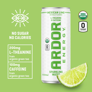 ARDOR ENERGY Sparkling Water, Mexican Lime, 12 Fl Oz, 12 Pack, 100mg Organic Caffeine, Vegan, Gluten Free, No Sugar, No Calories