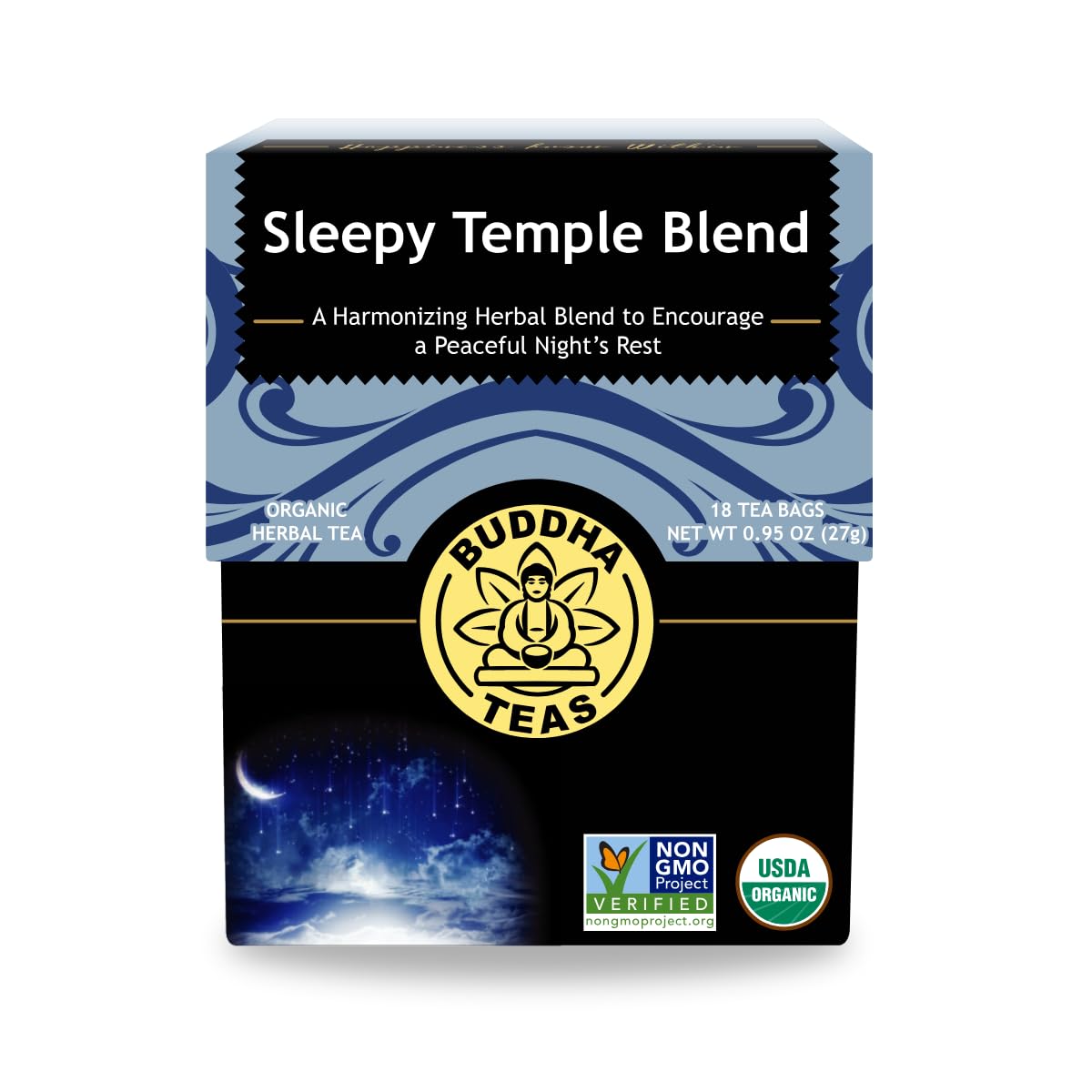 Buddha Teas - Sleepy Temple Blend - Organic Herbal Tea - For Health & Wellbeing - Blend Of Herbs & Flowers - Clean Ingredients - Energy Blend Free - Ou Kosher & Organic - Non-Gmo - 18 Bleach-Free Tea Bags