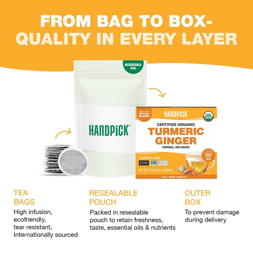HANDPICK  Turmeric Ginger Tea  100 Eco-Conscious Tea Bags | Caffeine Free  Gluten Free | 100% Pure Herbal Blend - Savory & Spicy