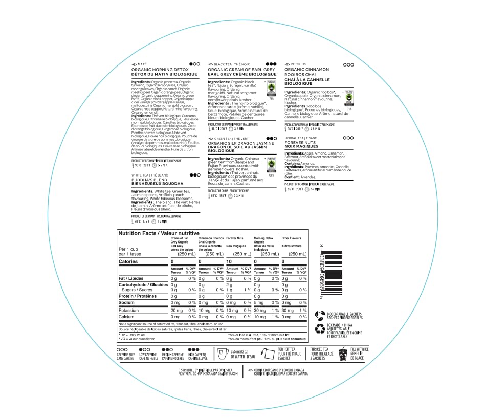 Davidstea 36-Sachet Top Teas Sachet Tea Wheel – Bestselling Tea Sampler Gift Set | 6 Loose-Leaf Flavours: Morning Detox, Cream Of Earl Grey, Cinnamon Rooibos, Buddha’S Blend, Silk Dragon Jasmine & Forever Nuts