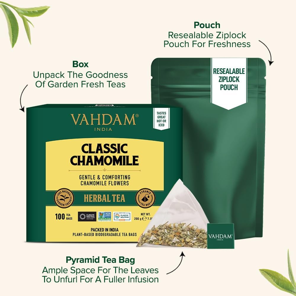 VAHDAM Chamomile Herbal Tea Bags - Caffeine Free, Non-GMO, Gluten Free, 100 Count, Resealable Ziplock Pouch