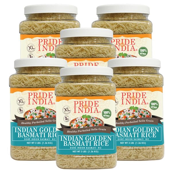 Pride Of India - Pack Of 6 - Extra Long Indian Golden Basmati Rice - Healthy Parboiled Sella Grain, 3Lbs Jar