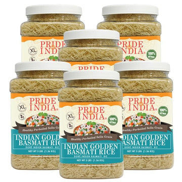 Pride Of India - Pack Of 6 - Extra Long Indian Golden Basmati Rice - Healthy Parboiled Sella Grain, 3Lbs Jar