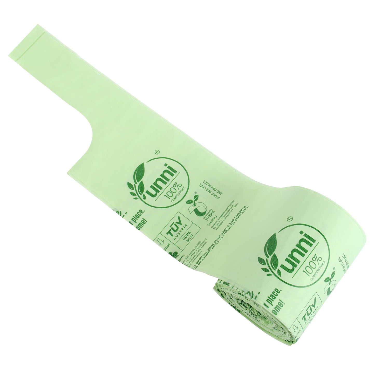 UNNI Compostable T-Shirt Bags, 2.6 Gallon, 100 Count, Certified ASTM D6400, Eco-Friendly Small Kitchen Food Scrap Waste Bags