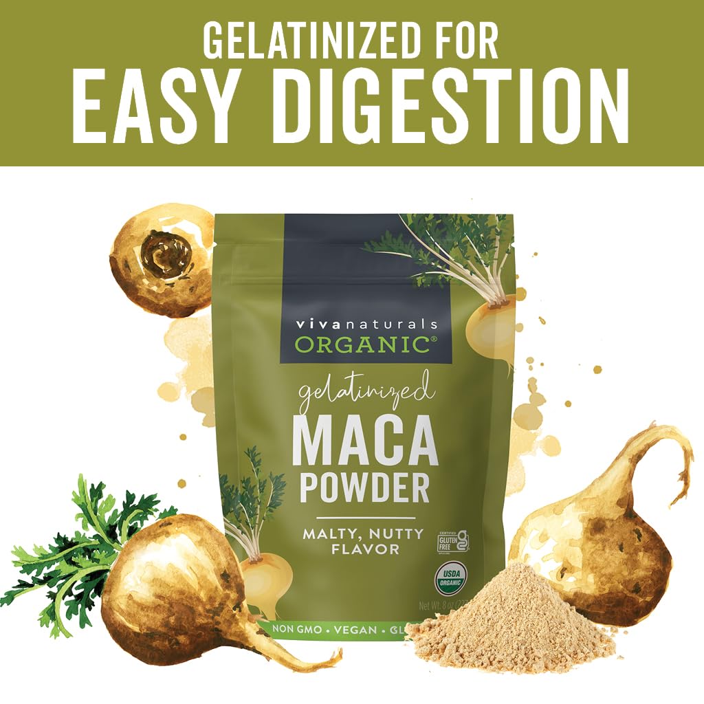 Viva Naturals Organic Maca Powder, Gelatinized, Vegan, Gluten-Free, 8 oz Resealable Bag