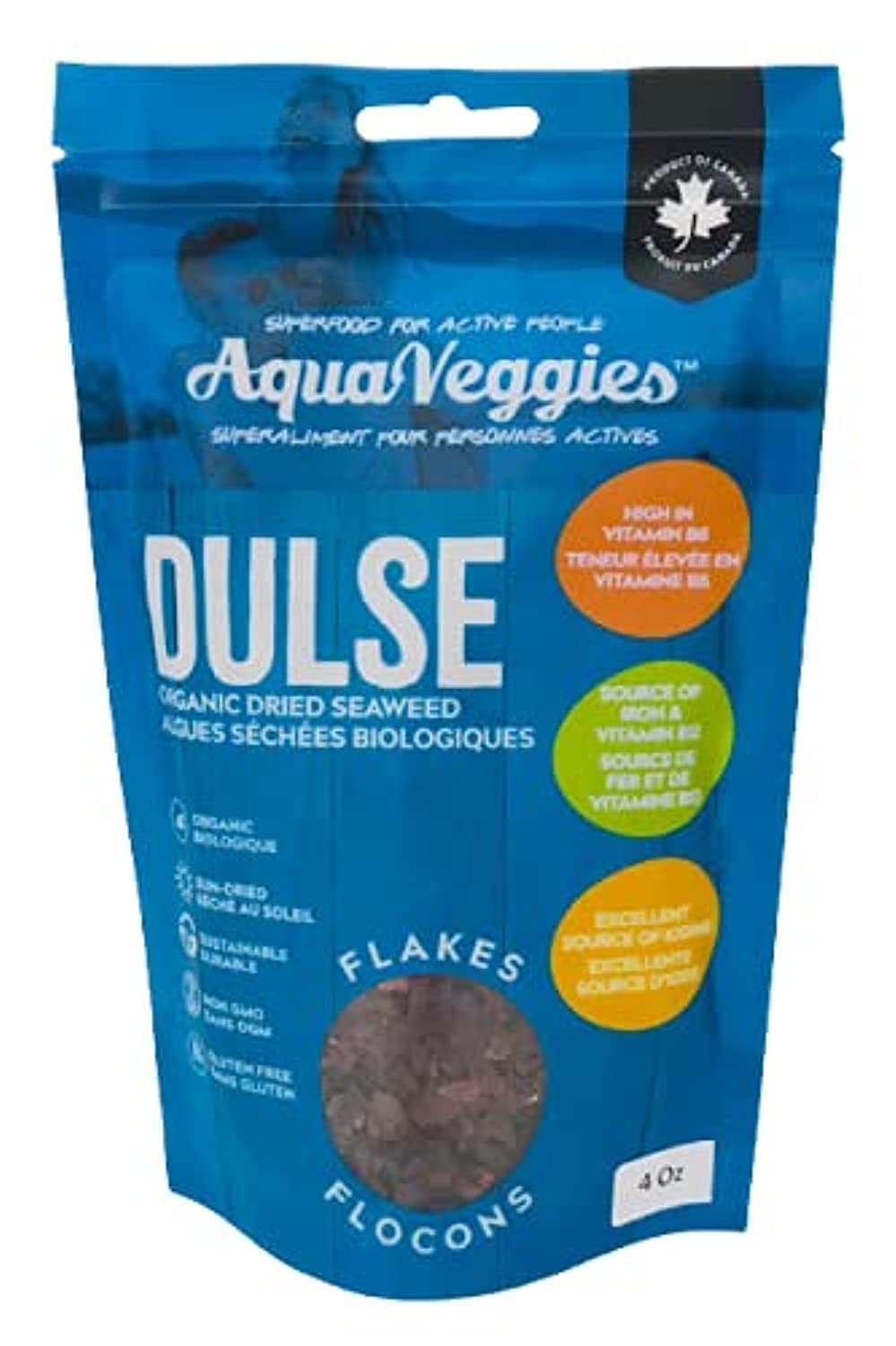 Aqua Veggies Organic Atlantic Dulse Flakes 4 Oz , Hand-Harvested, Sun-Dried Bay Of Fundy, Excellent Source Of Vitamins B6, B12,
