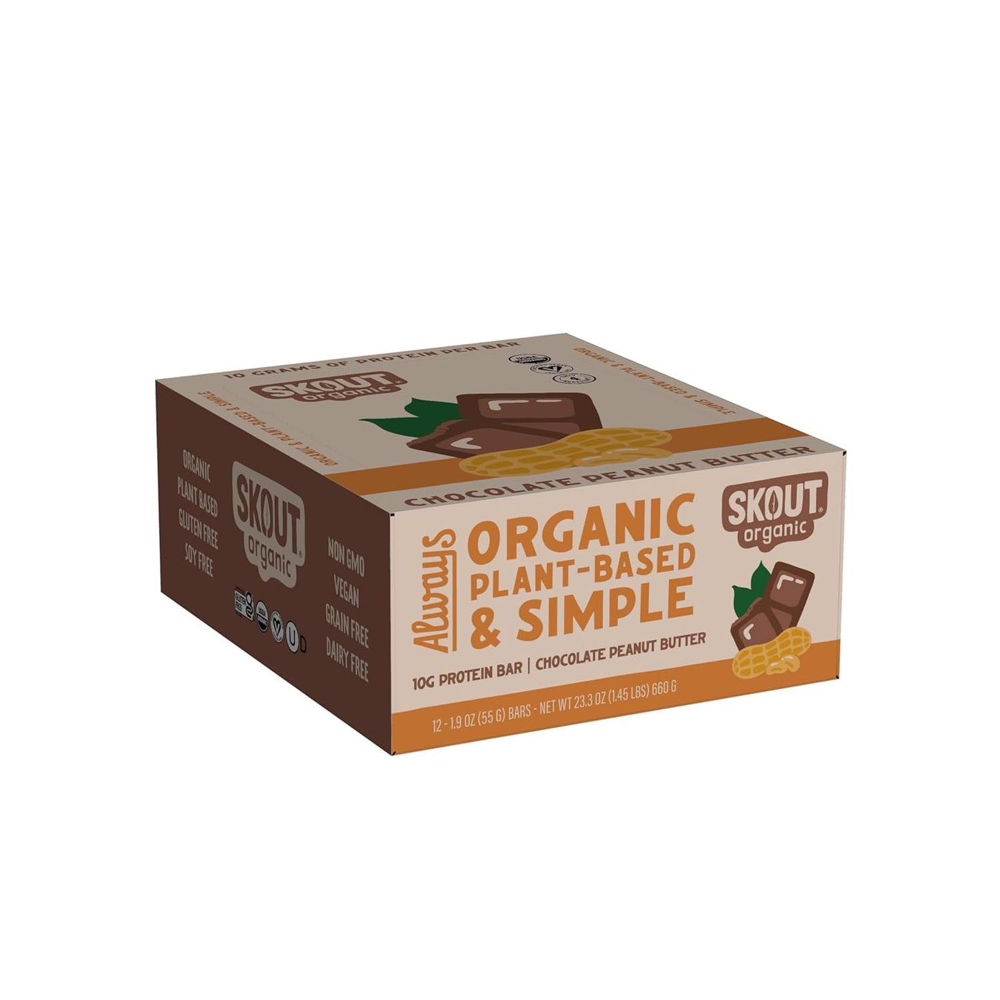 Skout Organic Plant-Based Protein Bars Chocolate Peanut Butter (12 Pack) 10G Protein - Vegan Protein Bars - Only 5 Ingredients -