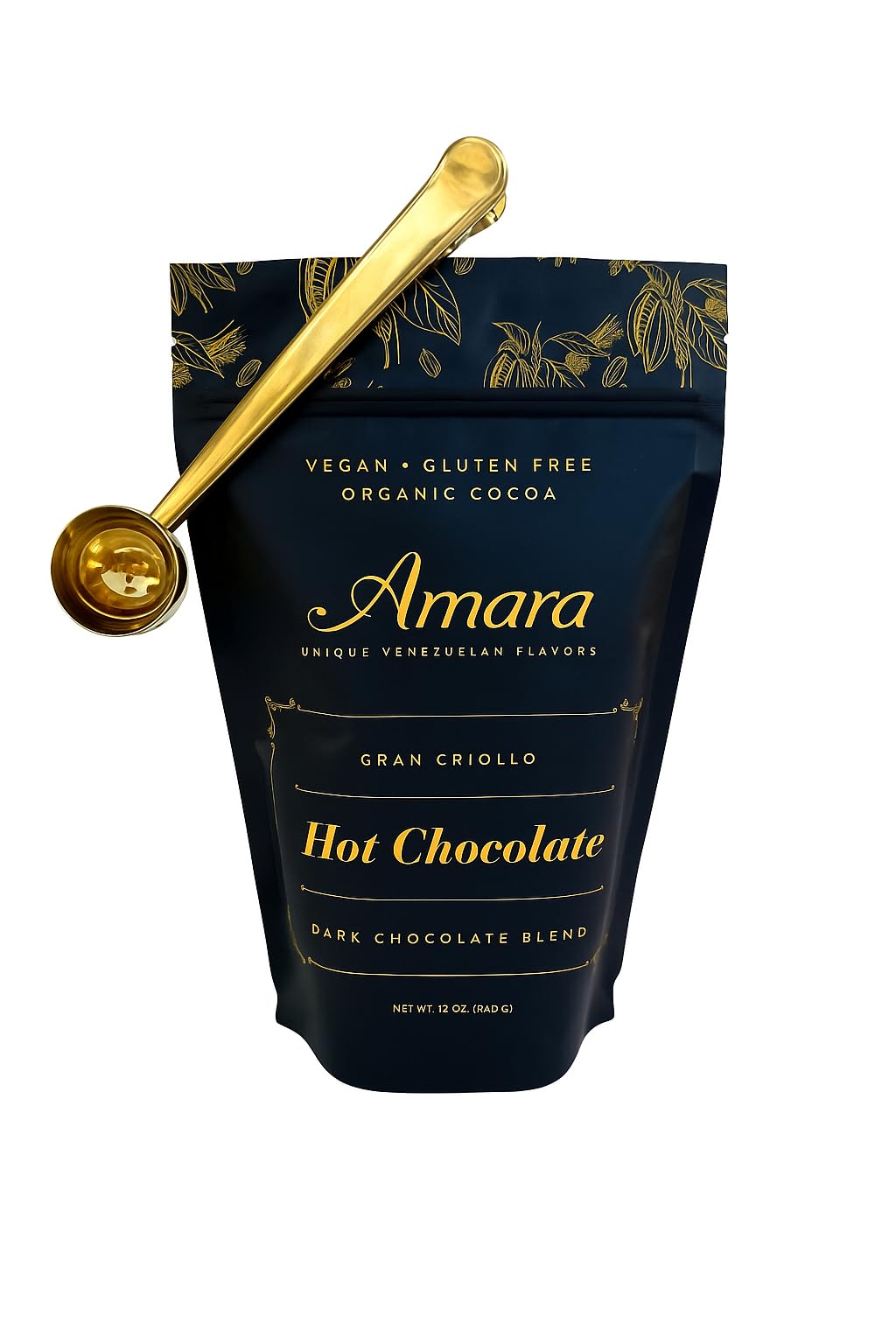 Amara Unique Venezuelan Flavors. Hot Chocolate Gran Criollo Dark Chocolate Blend 12 Oz Bag With Golden Measuring Scoop & Clip Multi Fuction.