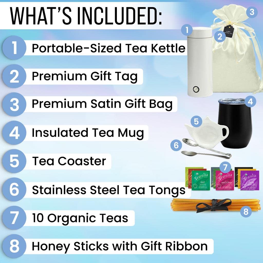 What-a-Surprize Organic Tea Gift Set - 25 Piece Tea Lovers Basket with Portable Kettle - White Kettle - Satin Color